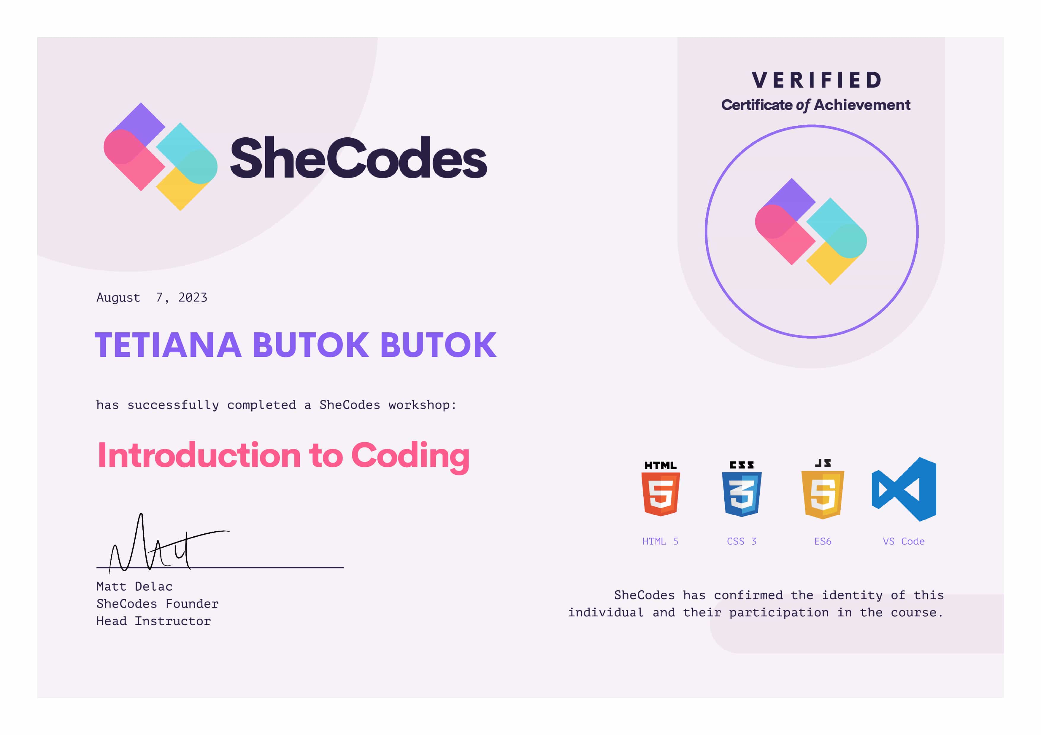 Certificates SheCodes Basics